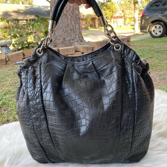 MICHAEL KORS Black Croc Embossed Chain Tote Shoulder Bag Bedford Selma Raven - Picture 5 of 11